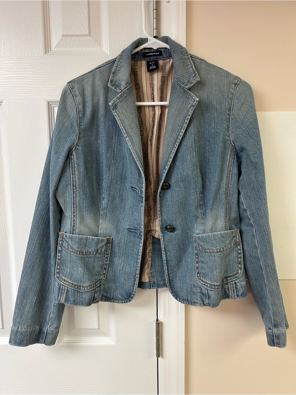 Vtg Gap Stretch Denim Blazer Blue Medium Wash Two Leather Buttons Women’s Size
